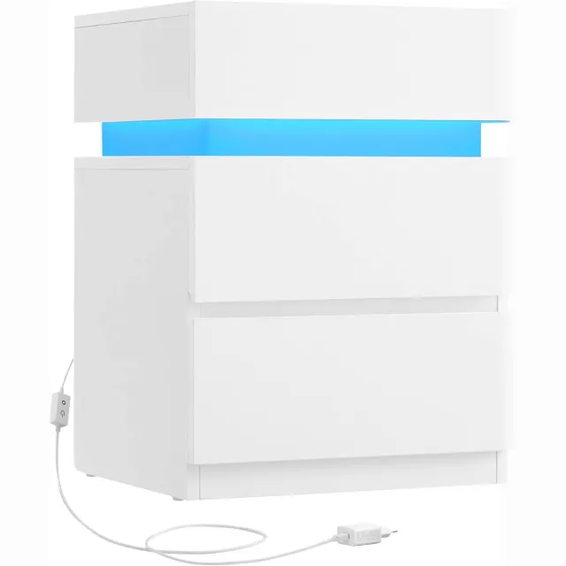 FurnStar Nachtkastje met ledverlichting - Bijzettafel - Verstelbare kleuren - Banktafel met 3 laden - Nachtkastje slaapkamer - Modern - 35 x 40 x 55 cm - Wit