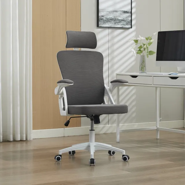 Wishdor Ergonomische bureaustoel 65 x 58 x 128 cm met netrug, hoofdsteun en verstelbare armleuningen, grijs