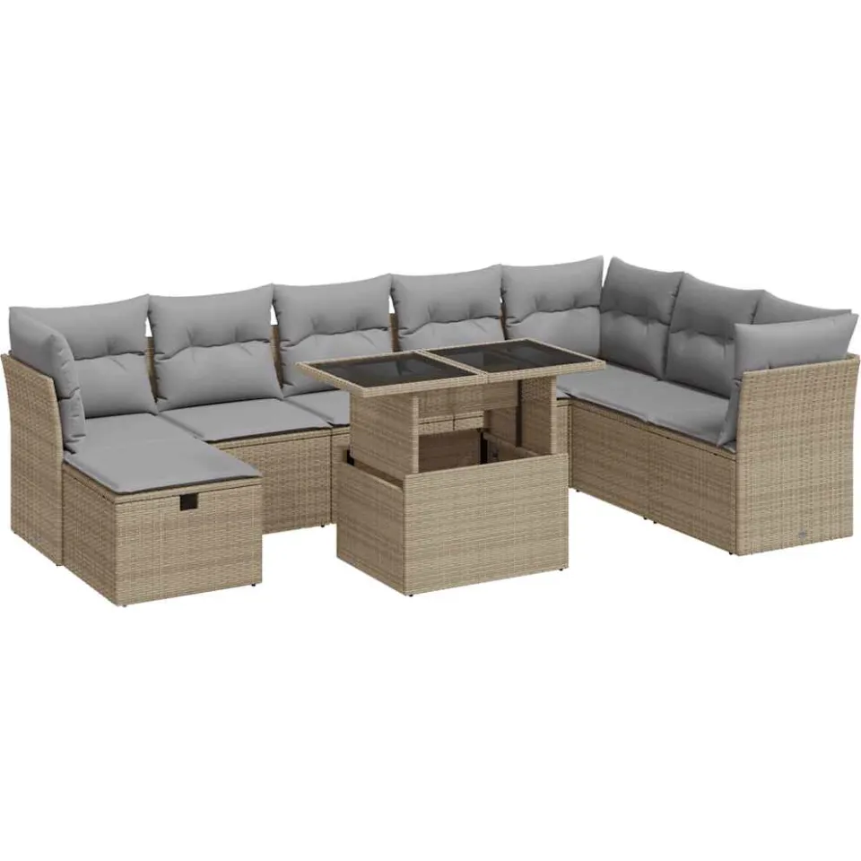 vidaXL 9-delige Loungeset met kussens poly rattan beige, foto 3