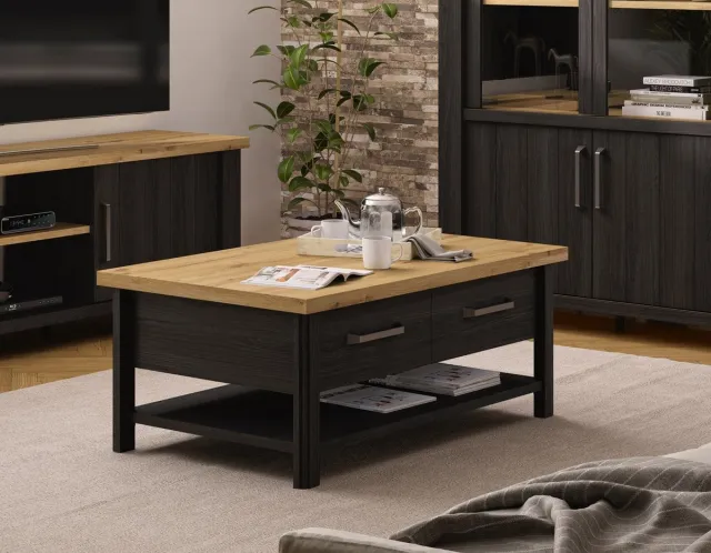 Gautier Gami - Salontafel Sequoia met 1 lade – zwart / eik artisan – 112 × 67 cm