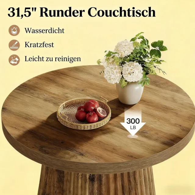 MEUNIQ Ronde salontafel 80 cm met geribbelde kolombasis, MDF en houtlook – bruine koffietafel voor woonkamer