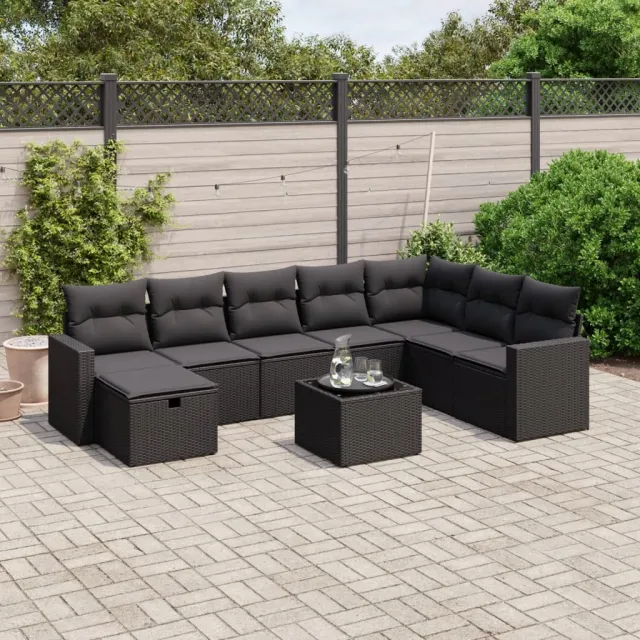 vidaXL 9-delige Loungeset met kussens poly rattan zwart, foto 2