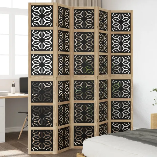vidaXL Kamerscherm met 5 panelen massief paulowniahout bruin en zwart, foto 2