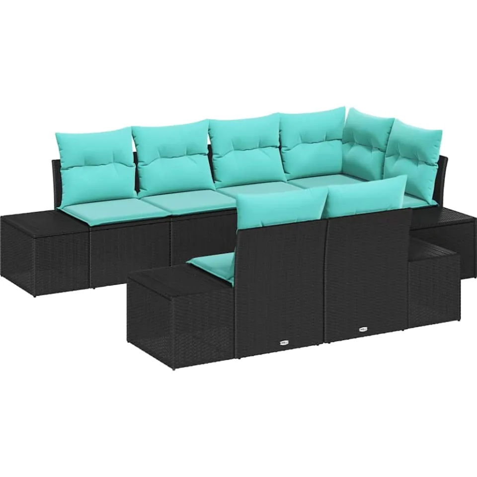 vidaXL Tuinbankenset 7 st Zwart en Turquoise poly rattan