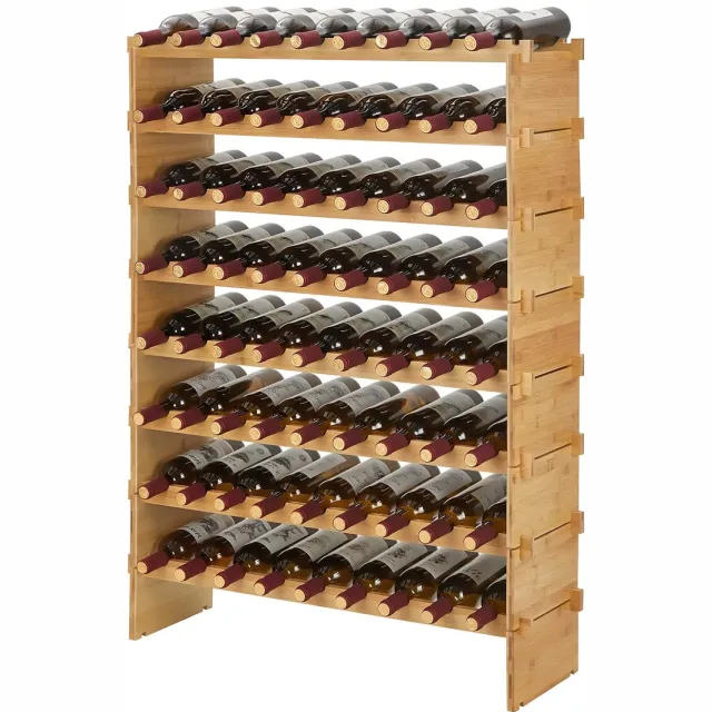 Happiq Modulair Wijnrek - Voor keuken, woonkamer of wijnkelder - Stapelbare 8/10-laags vloervloer wijnopslag - Bamboe - 8-Tier Natural