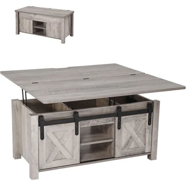 Vevor Lift Top Salontafel 100cm, Rustieke Salontafel met Schuurdeur en Verborgen Opbergvak, Rechthoekig Lifttafelblad voor Woonkamer, Kantoor, Thuis, Woonkamertafel, Banktafel, Eettafel, Eikenhout Rustiek Eiken