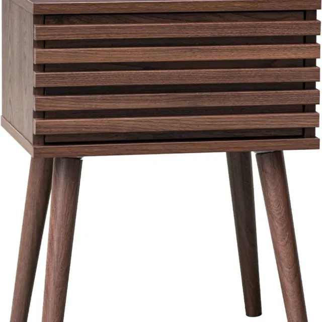 sweeek Nachtkastje in scandinavische stijl met houtdecor, gegroefde lade en kompaspoten Walnoot