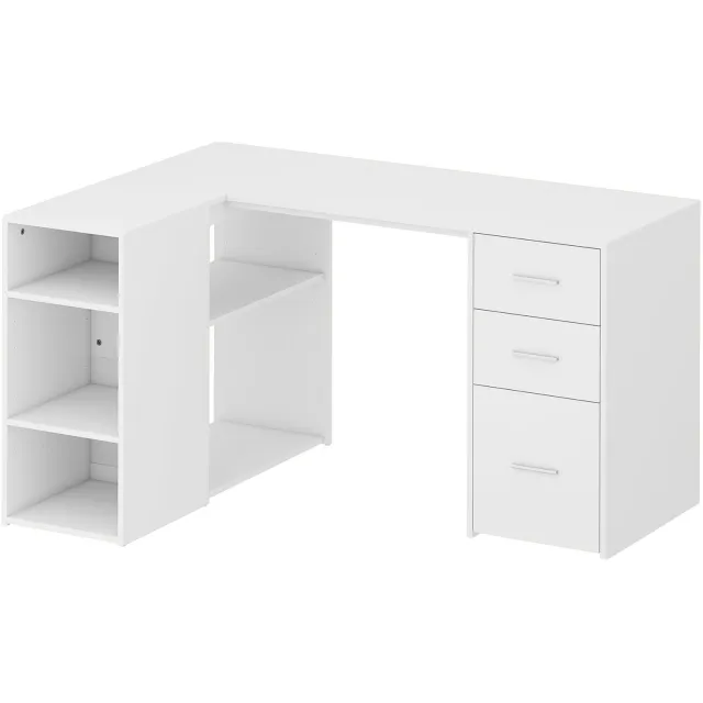 MUVANO Hoekbureau met 3 lades - L-vormig computerbureau - Verstelbare planken - 140 x 100 x 75 cm - Documenten opbergen - Voor thuiskantoor en studie - Wit