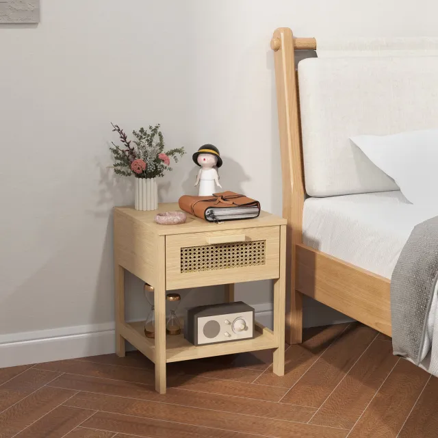 WUVRIE Nachtkastje 40 x 40 x 48,4 cm - 1 lade en open legplank - Naturel Naturel hout