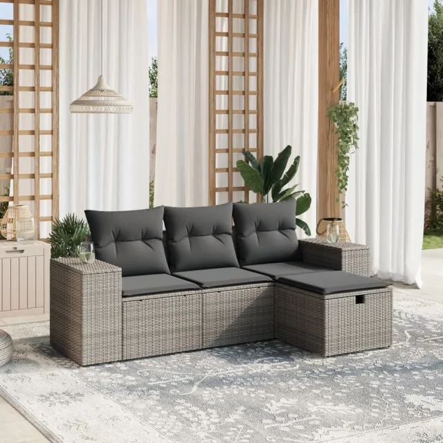 vidaXL 4-delige Loungeset met kussens poly rattan grijs, foto 2