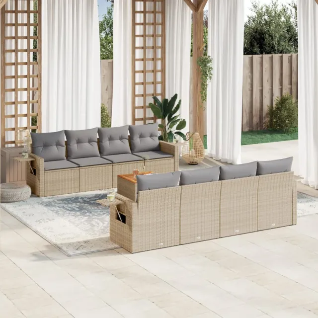 vidaXL 9-delige Loungeset met kussens poly rattan beige