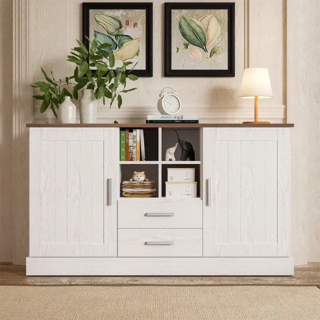 MEUNIQ dressoir 140 x 40 x 79,5 cm met 2 deuren, 2 lades en 4 open vakken – wit en bruin houtnerf met zachtsluitende scharnieren voor woonkamer of eetkamer