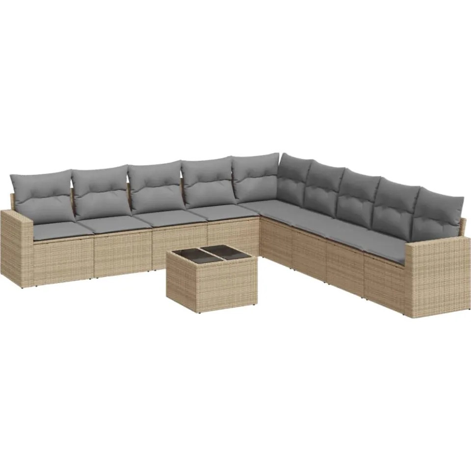 vidaXL 10-delige Loungeset met kussens poly rattan beige