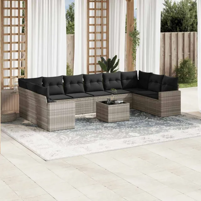 vidaXL 11-delige Loungeset met kussens poly rattan lichtgrijs grijs, foto 2