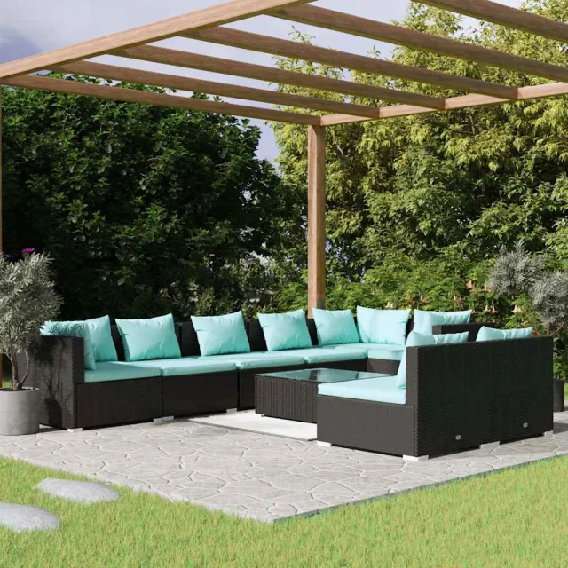 vidaXL 9-delige Loungeset met kussens poly rattan zwart, foto 2