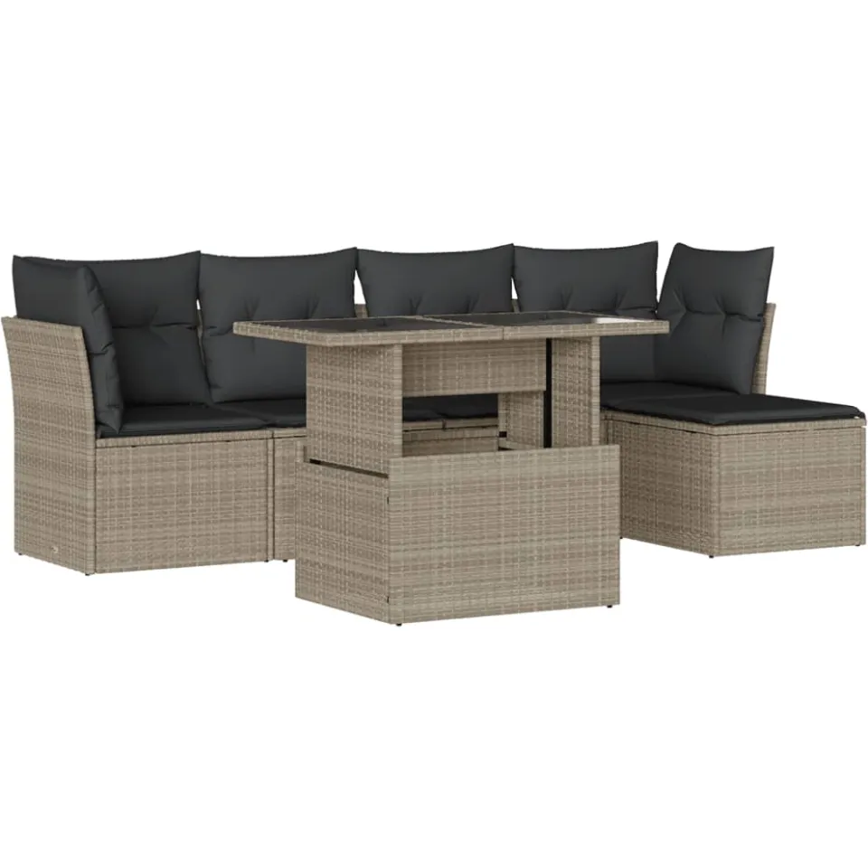 vidaXL 6-delige Loungeset met kussens poly rattan lichtgrijs