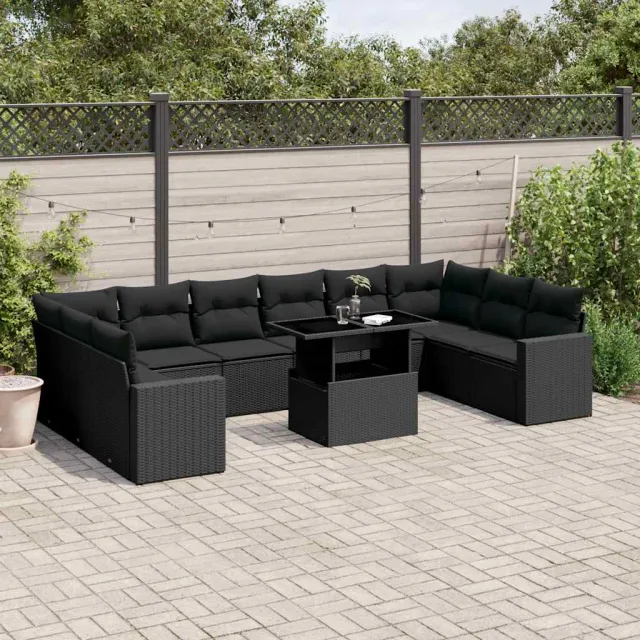 vidaXL 11-delige Loungeset met kussens poly rattan zwart, foto 2