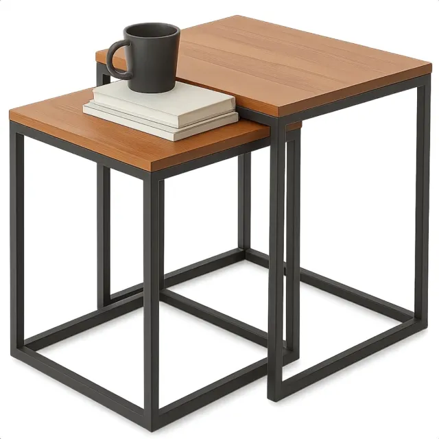 Lomera Bijzettafels Set van 2 - Modern Industrieel Design - In Hoogte Verstelbare Poten - Gepoedercoat Metaal Frame - MDF Tafelblad - Ruimtebesparend Ontwerp - Zwart Metalen Frame - Nesttafels - Woonkamer Bijzettafel - Compacte Bijzettafels nvt