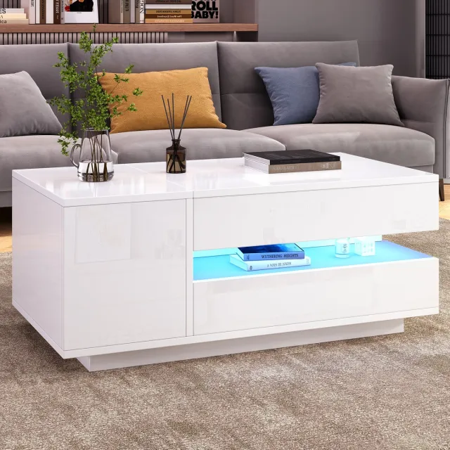 COVREO Salontafel 95 x 50 x 34,5 cm – wit, hoogglans, met LED en opklapbaar blad