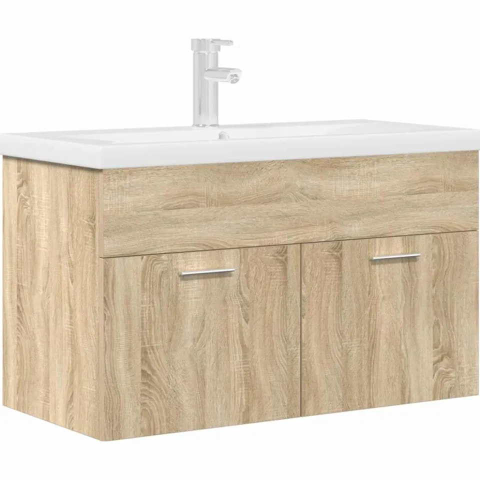 vidaXL Wastafelmeubel met inbouwwastafel en kraan Sonoma eikenhout, foto 3