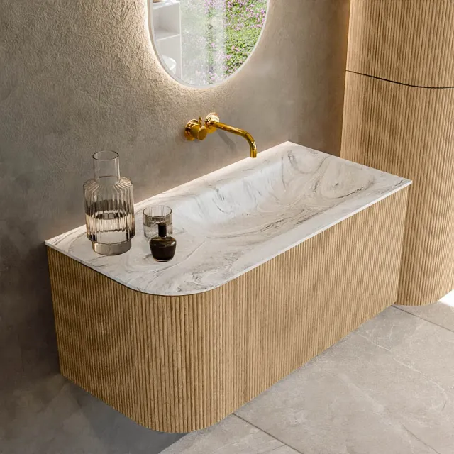 Mondiaz KURVE-DLUX 95 cm Onderkast Greeploos 1 Lade Met Deuren Oak, Wastafel Solid Surface Rechts Glace 0 Kraangaten Zonder Spiegel (KRVBGS95L1L1D0KR-Oak/Gla)