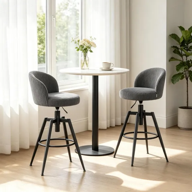 REDOM Barkruk - Draaibaar en hoogte verstelbaar - Met rugleuning en voetenring - 4-poots metalen onderstel - Modern - Ribstof - Grijs - 42 x 80-87,5 x 42 cm