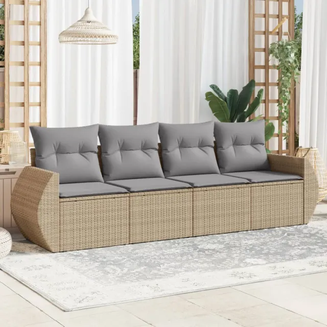vidaXL 4-delige Loungeset met kussens poly rattan beige, foto 2