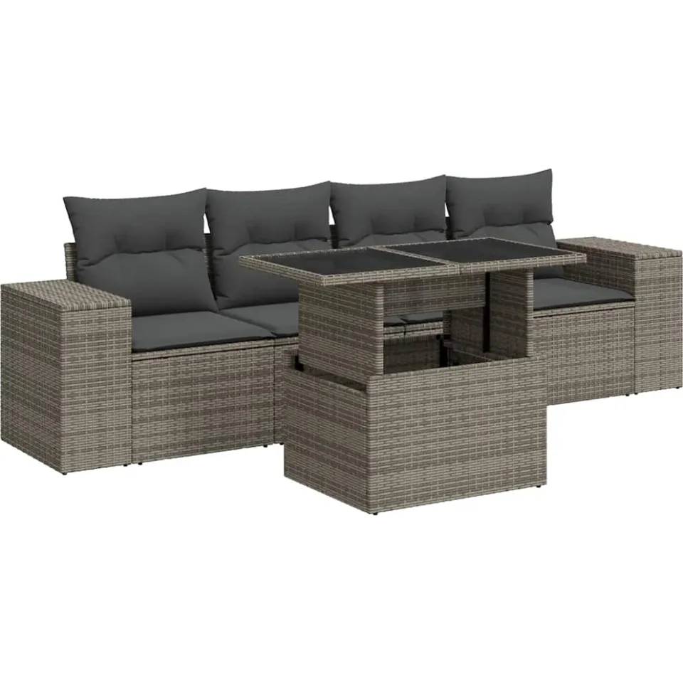 vidaXL 5-delige Loungeset met kussens poly rattan grijs, foto 3