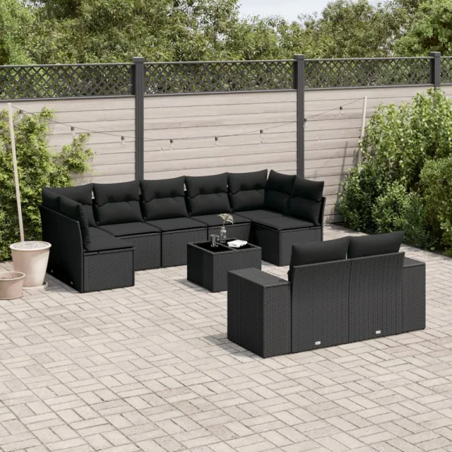 vidaXL 10-delige Loungeset met kussens poly rattan zwart, foto 2