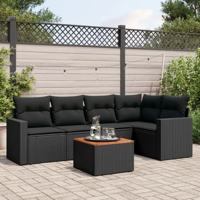 vidaXL 6-delige Loungeset met kussens poly rattan zwart, foto 2