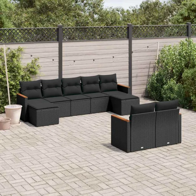 vidaXL 9-delige Loungeset met kussens poly rattan zwart, foto 2