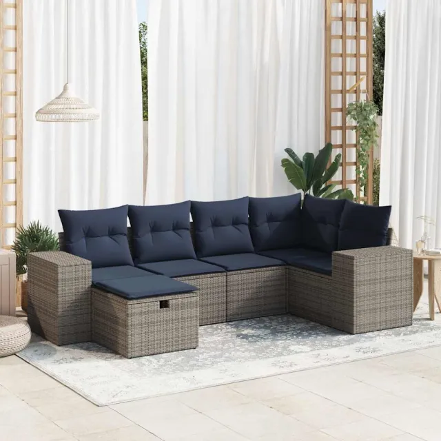 vidaXL 6-delige Loungeset met kussens poly rattan grijs, foto 2
