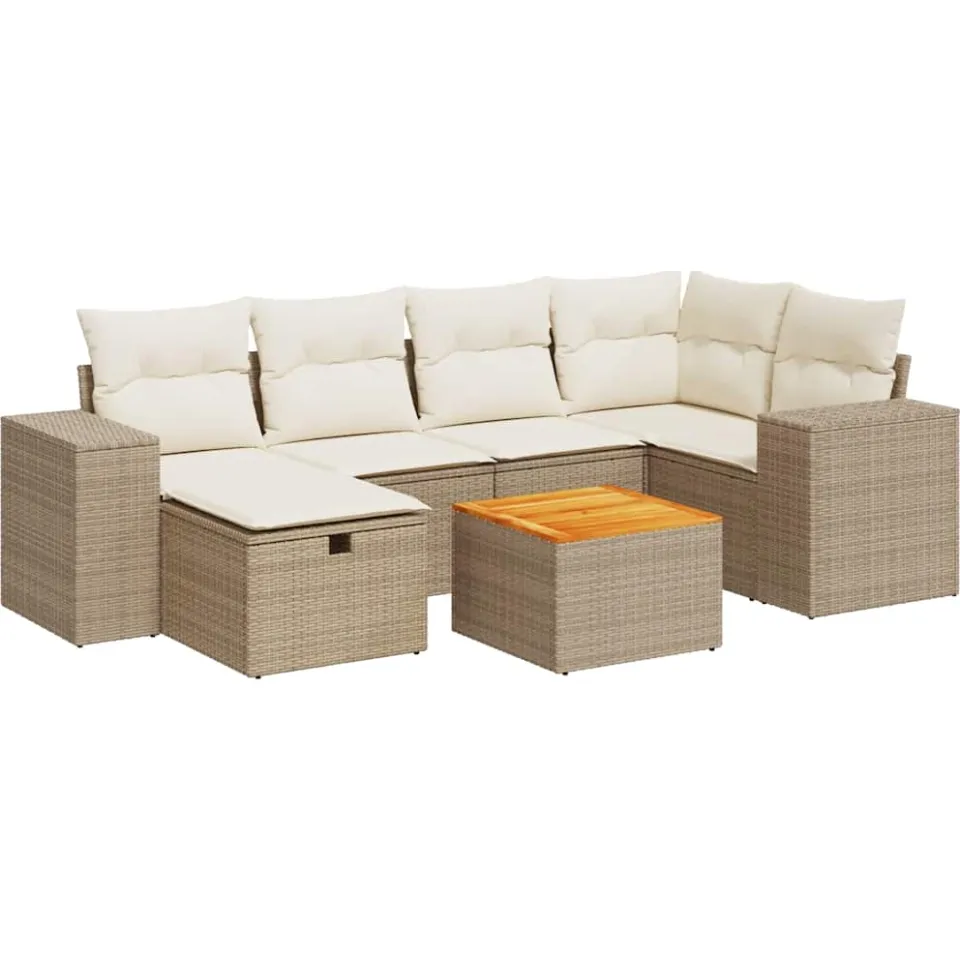 vidaXL 7-delige Loungeset met kussens poly rattan beige, foto 3