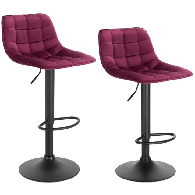 Woltu MakkelijkMooi 2 Barstoelen met Voetsteun - Barkruk - Fluweel Bordeaux - Rugleuning - Zithoogte Verstelbaar van 59.5 tot 81 cm
