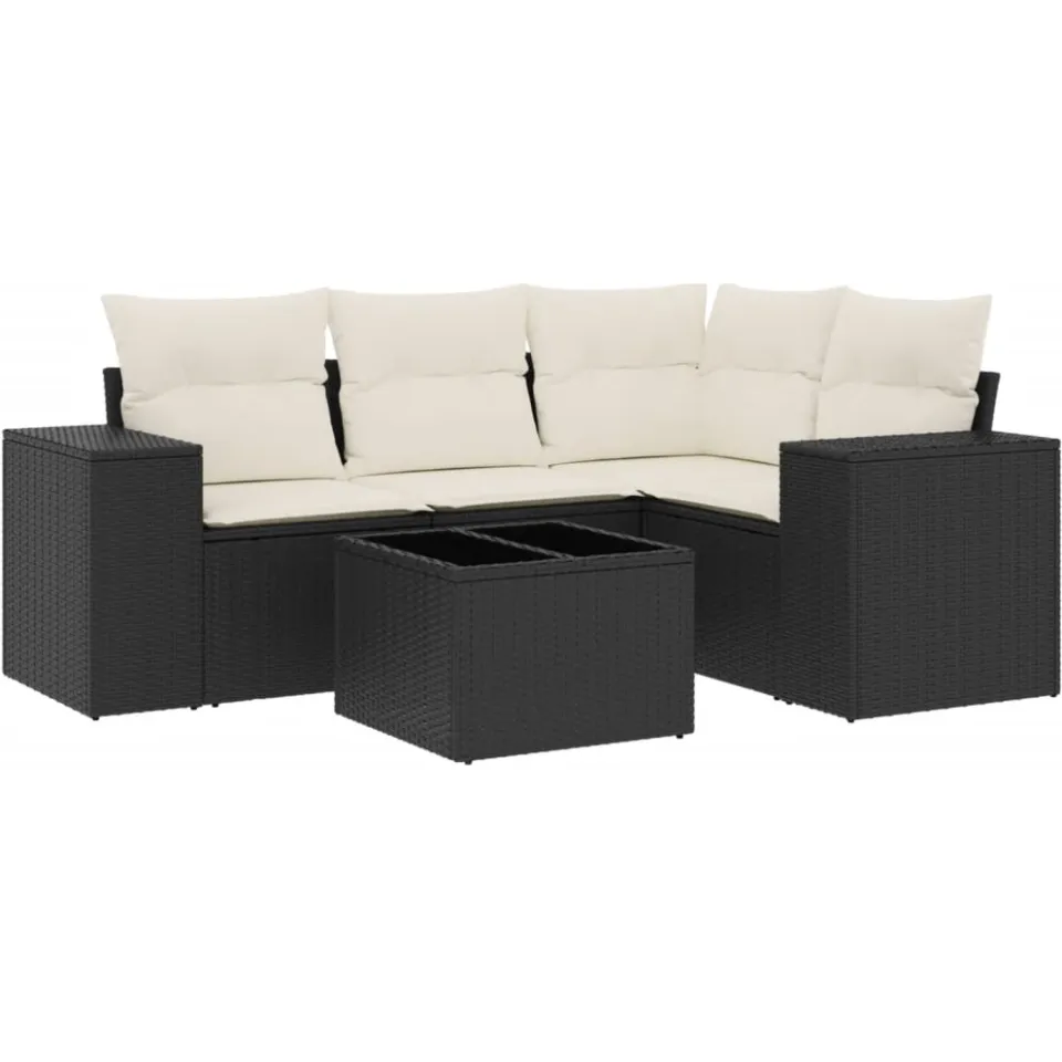 vidaXL 5-delige Loungeset met kussens poly rattan zwart