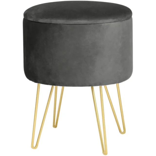 Akord Ronde Opbergpoef in Grijs Fluweel met Gouden Stalen Basis - Zelfmontage Poef 45x35 cm