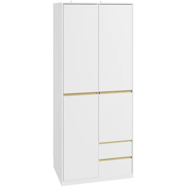 SoBuy Kledingkast - Kledingkasten Slaapkamer met Vier Deuren en Twee Lades - Kledingkast Organizer met Binnenplank en Hangstang - Wit met Goudkleurige Accenten | KSB06-W