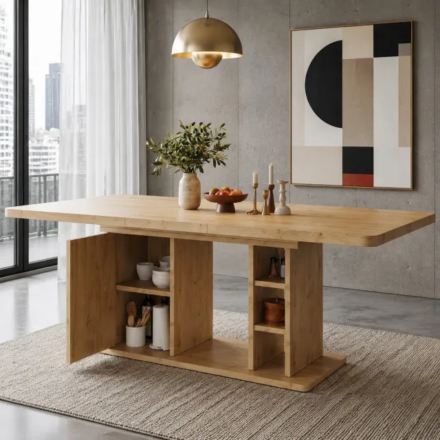 WUVRIE Uitschuifbare eettafel 140/180 x 80 cm - Open opbergvakken - Eiken
