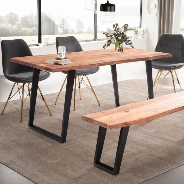 Wohnling eettafel 140x80x76 cm acacia massief hout/metaal eettafel boomrand, massieve keukentafel met U-poten in zwart, houten tafel eettafel eetkamer rechthoekig - WL7.257 Bruin
