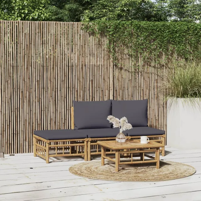 vidaXL 4-delige Loungeset met kussens bamboe donkergrijs bruin, foto 2