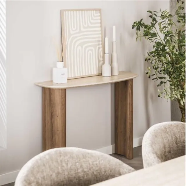 Meubelplaats Kaptafel curvo Romano travertin keramiek - 100x35x76 cm - Japandi - sidetable Beige