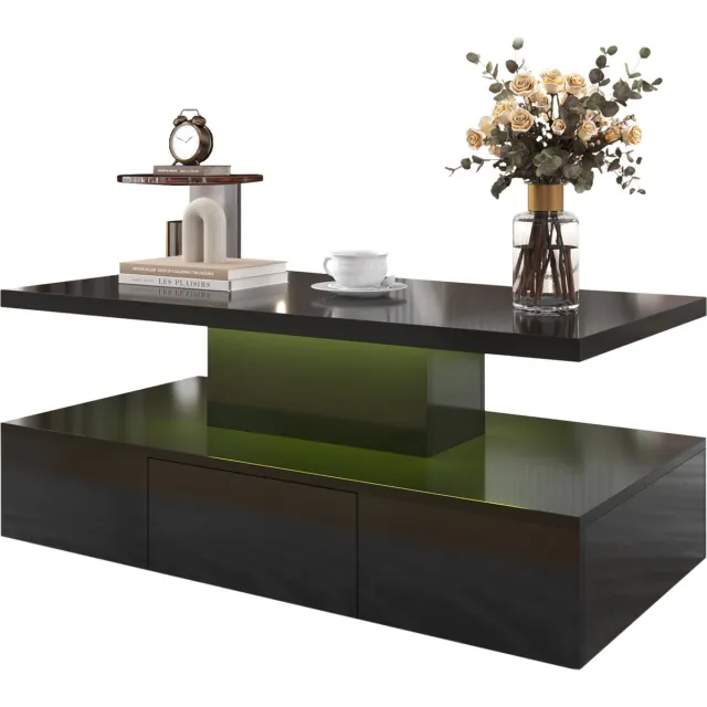 Merax Salontafel Hoogglans - Woonkamer Tafel met LED Verlichting - Zwart Zwart, Hoogglans