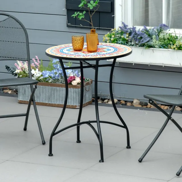 DESMIU Bistrotafel - Ronde Mosaiek Tuintafel Met Keramisch Blad - Voor Balkon Tuin En Buitenruimte - Metaal En Keramiek - 60 x 71 Cm - Rood Blauw Wit