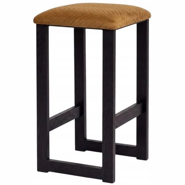 Taborecik Houten Bar Kruk met Beige Visgraat Velours Zitting - Zwart Metaal Zwart, Beige