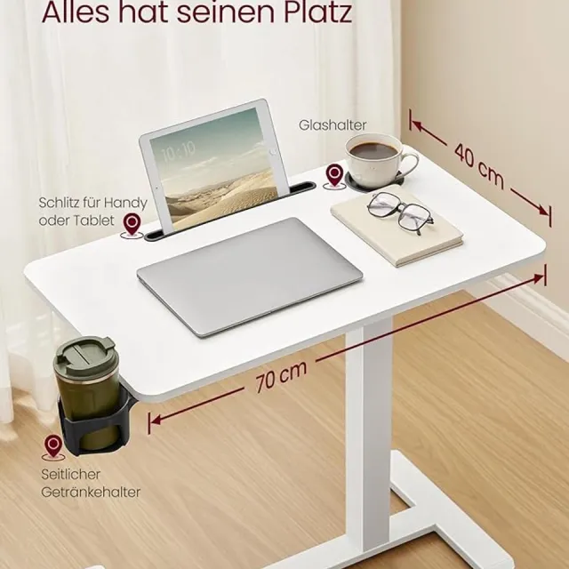 FurnStar Bijzettafel met wieltjes – Mobiele statafel – Verstelbare hoogte – 70 x 40 cm – Met bekerhouders en telefoonhouder – Wolkenwit