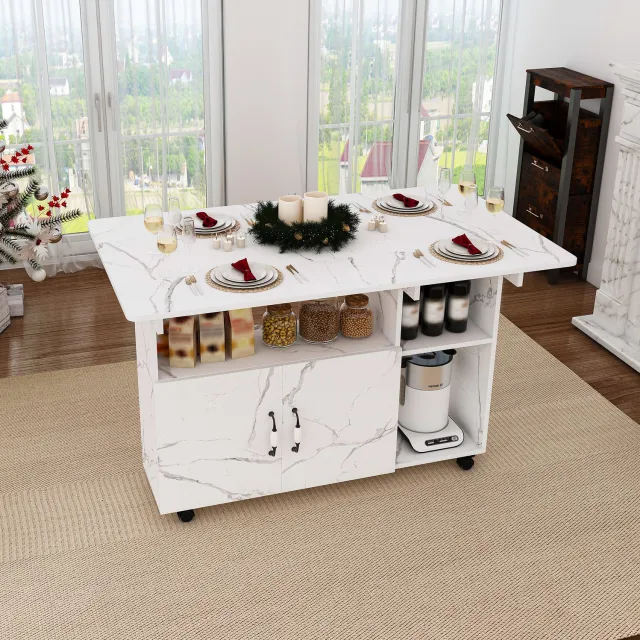 MODENUIT Eettafel - Opklapbaar Met 5 Wielen - Voor Keuken En Kantoor - Wit Marmerlook - 110x70x80 Cm Wit met marmerlook