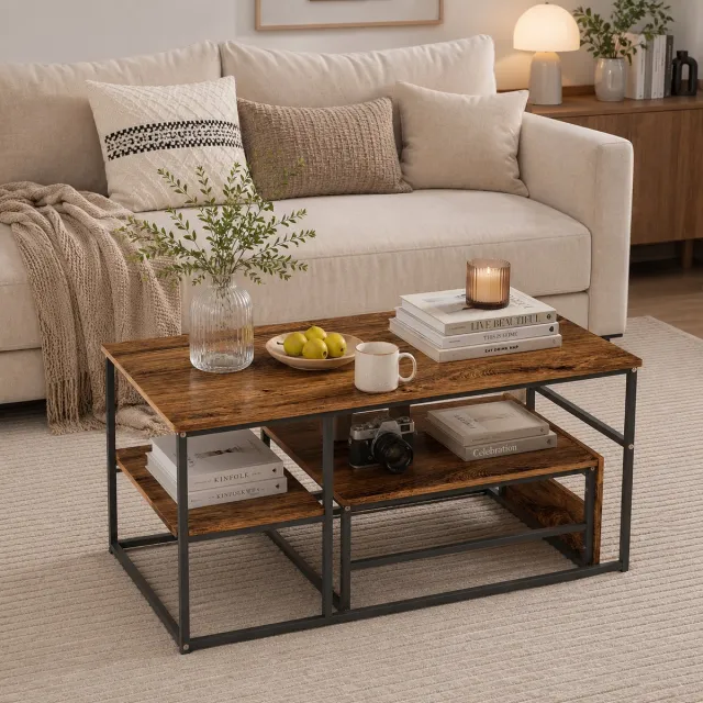 MEXUS Salontafel voor de woonkamer - Set van 2 - stalen frame met plank - walnootkleurige bijzettafel - industriële en Scandinavische stijl - 105x52x50cm