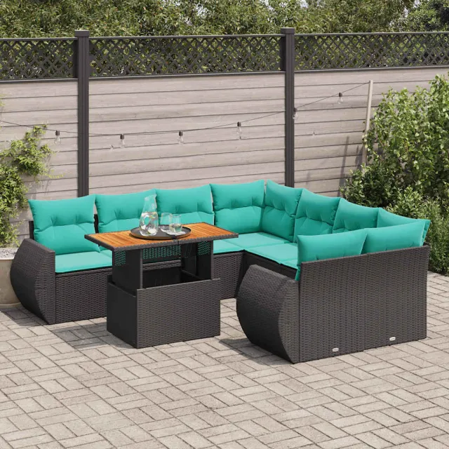 vidaXL 9-delige Loungeset met kussens poly rattan zwart, foto 2