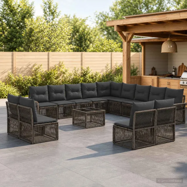 vidaXL Tuinbankenset 14 st 13-zits Grijs poly rattan, foto 2