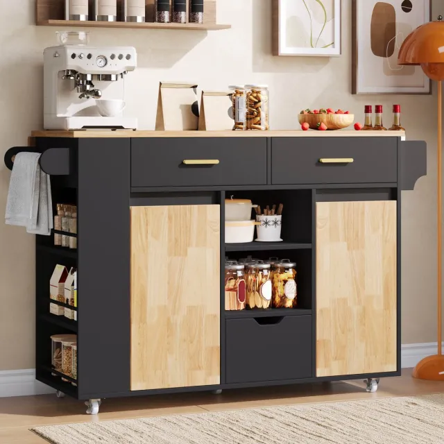 COVREO Keukeneiland 120x71x90 cm zwart houtlook, opklapbaar werkblad Zwart/Naturel